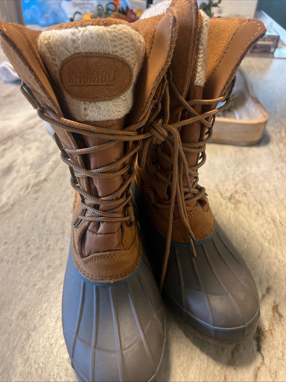 Brown and Gray Women's Insulated Winter Rain Boots